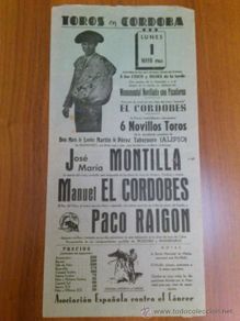 Tauromaquia: CARTEL TOROS CORDOBA 1 MAYO 1961 - JOSE MARIA MONTILLA - MANUEL EL CORDOBES Y PACO RAIGON